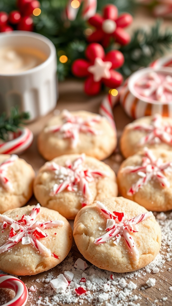Peppermint sugar cookies decorated with crushed candy canes and powdered sugar, perfect for the holiday season.