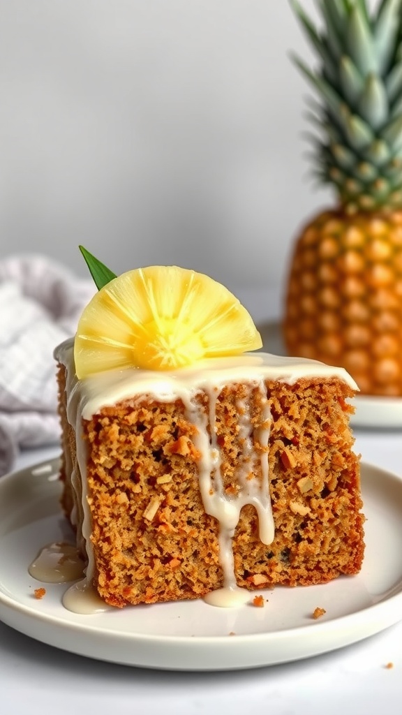 Pineapple-infused carrot cake slice with frosting and pineapple slice on a plate.