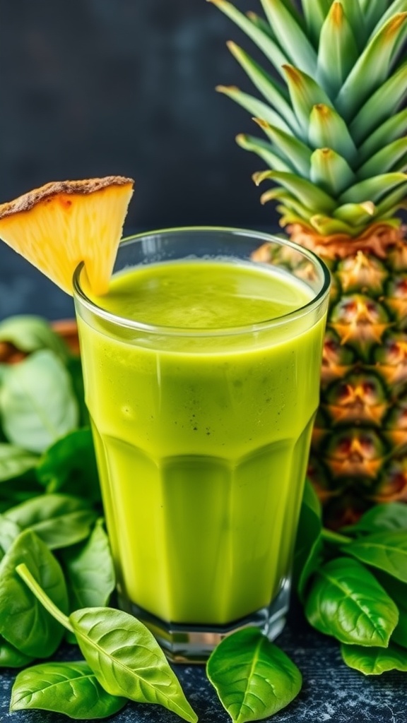 A vibrant green smoothie in a glass with a pineapple slice on the rim, surrounded by fresh spinach leaves.