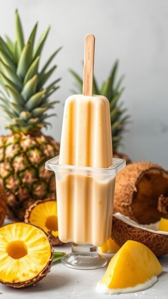 A refreshing pineapple coconut creamsicle popsicle surrounded by fresh pineapples and coconut.