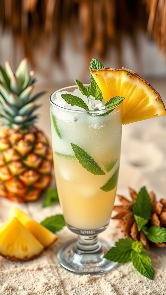 A refreshing Pineapple Coconut Mojito garnished with mint leaves and a slice of pineapple.