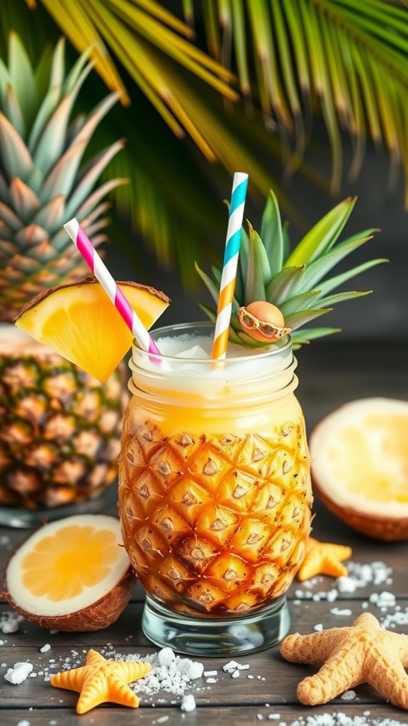 A refreshing mocktail with pineapple and coconut flavors, garnished with tropical fruits.