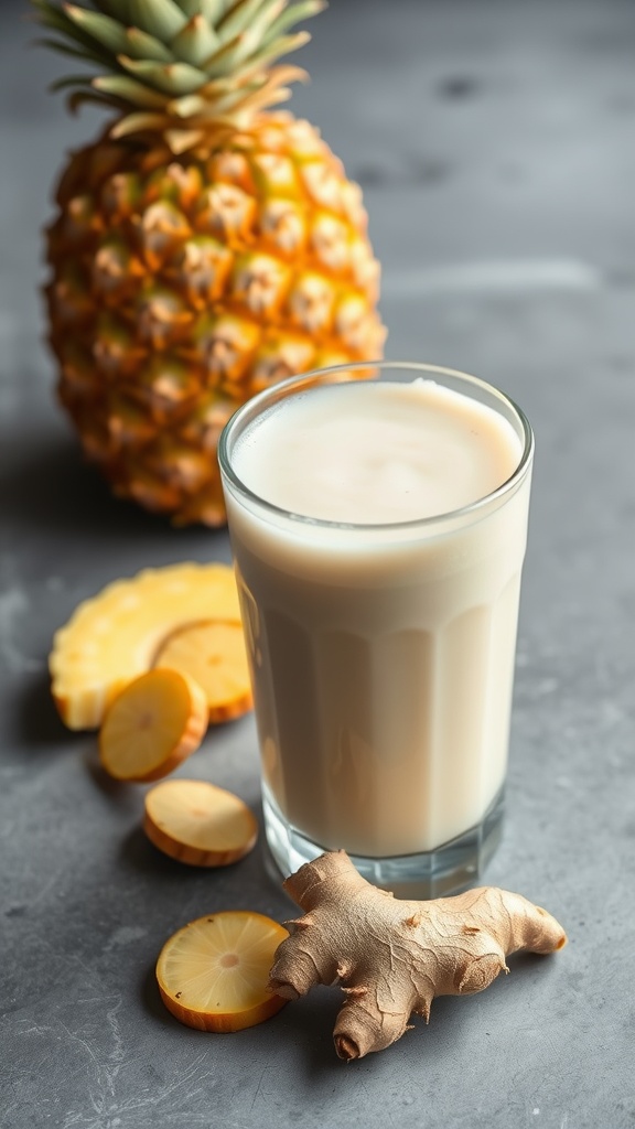 A refreshing Pineapple Ginger Detox Blend smoothie with slices of pineapple and ginger on the side.