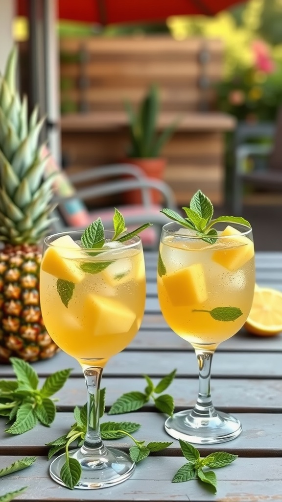 Glasses of pineapple mint fusion punch on a wooden table with mint leaves.
