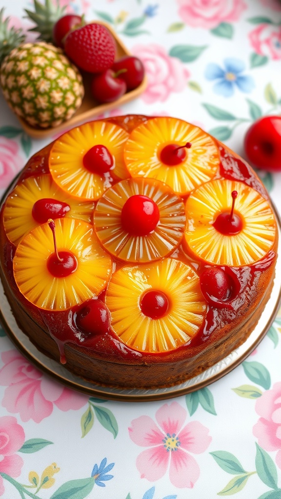 Pineapple Upside-Down Cake with cherries and pineapple slices on top.