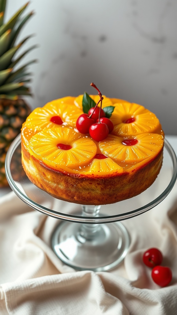 A delicious pineapple upside-down cake topped with pineapple slices and cherries, served on a glass cake stand.