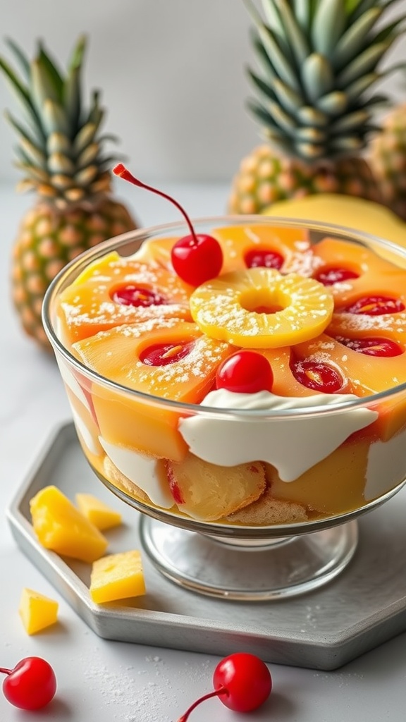 A delicious Pineapple Upside-Down Trifle dessert with layers of pineapple, cherries, and whipped cream.