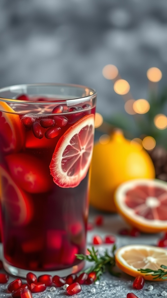 A refreshing glass of Pomegranate Citrus Sangria with citrus slices and pomegranate seeds.
