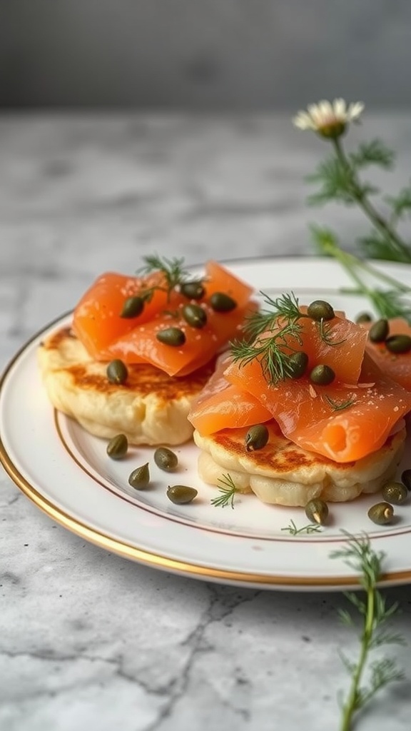 Potato pancakes topped with smoked salmon, capers, and dill.