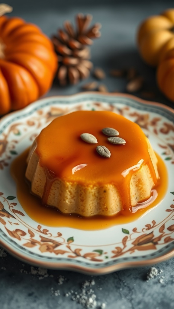 A delicious Pumpkin Caramel Flan served on a decorative plate