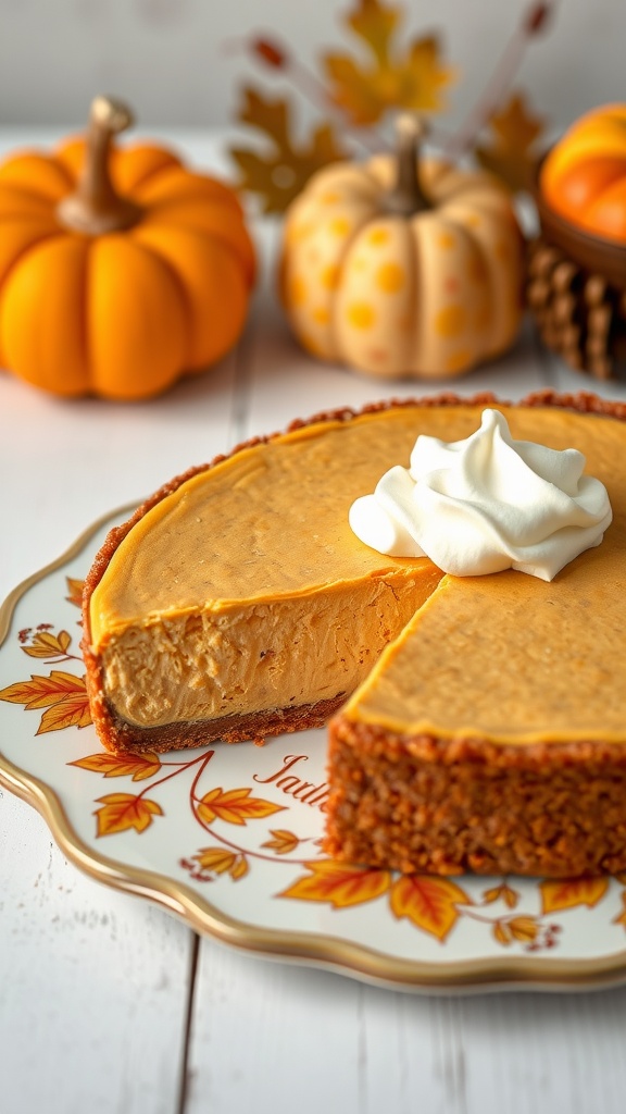 A delicious Pumpkin Cheesecake Pie on a decorative plate surrounded by pumpkins.