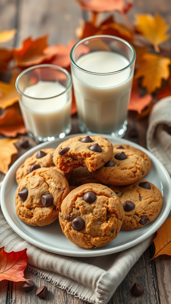 Delicious pumpkin chocolate chip cookies on a plate with glasses of milk