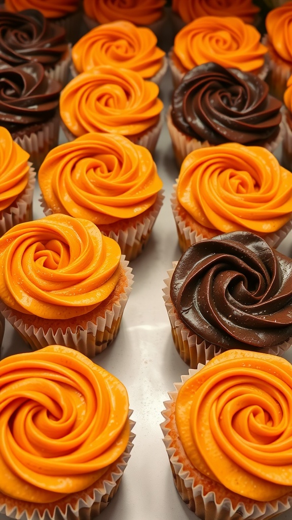 Delicious pumpkin chocolate swirl cupcakes with vibrant orange and dark chocolate frosting.