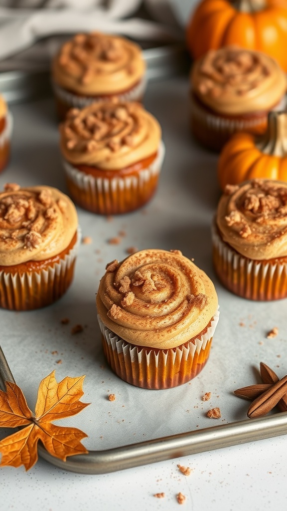 Delicious pumpkin cupcakes topped with cinnamon sugar frosting and crushed graham crackers, perfect for fall.