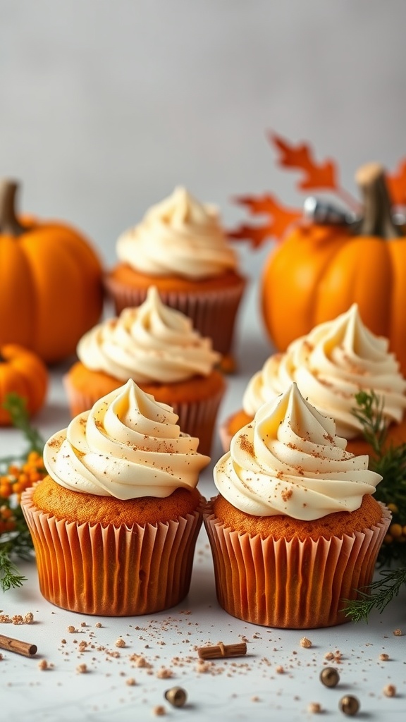 Delicious pumpkin cupcakes topped with creamy nutmeg frosting.