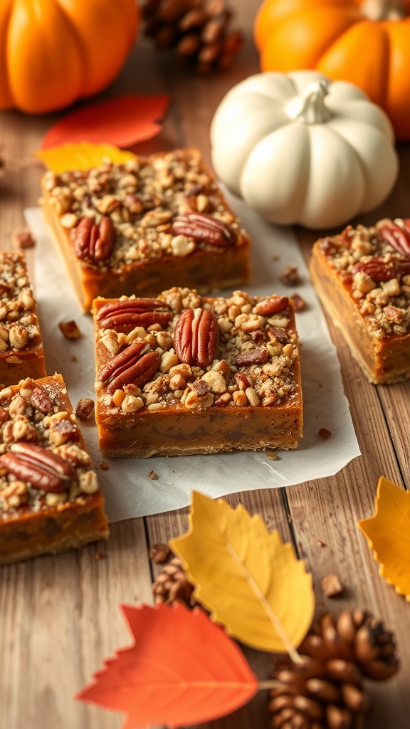 Delicious pumpkin pecan pie bars on a wooden table with autumn leaves and pumpkins