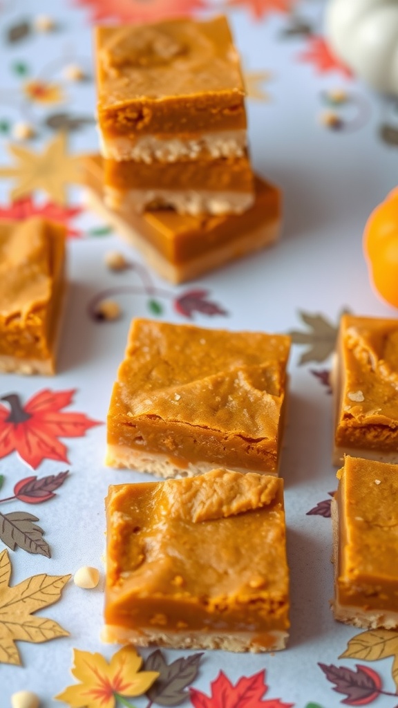 Pumpkin pie bars with a shortbread crust stacked and displayed with autumn leaves.