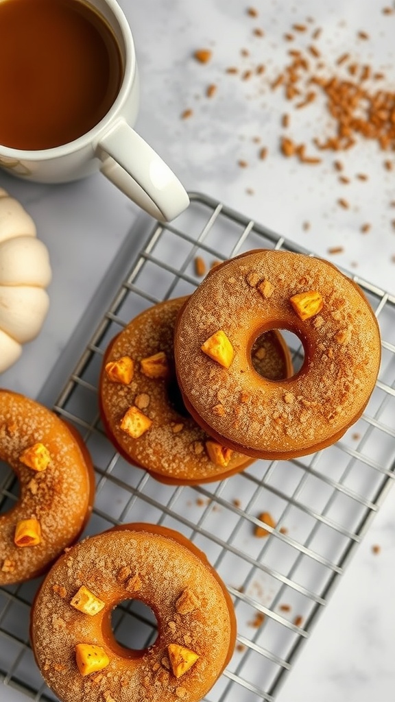 Pumpkin pie donuts with cinnamon sugar on a cooling rack