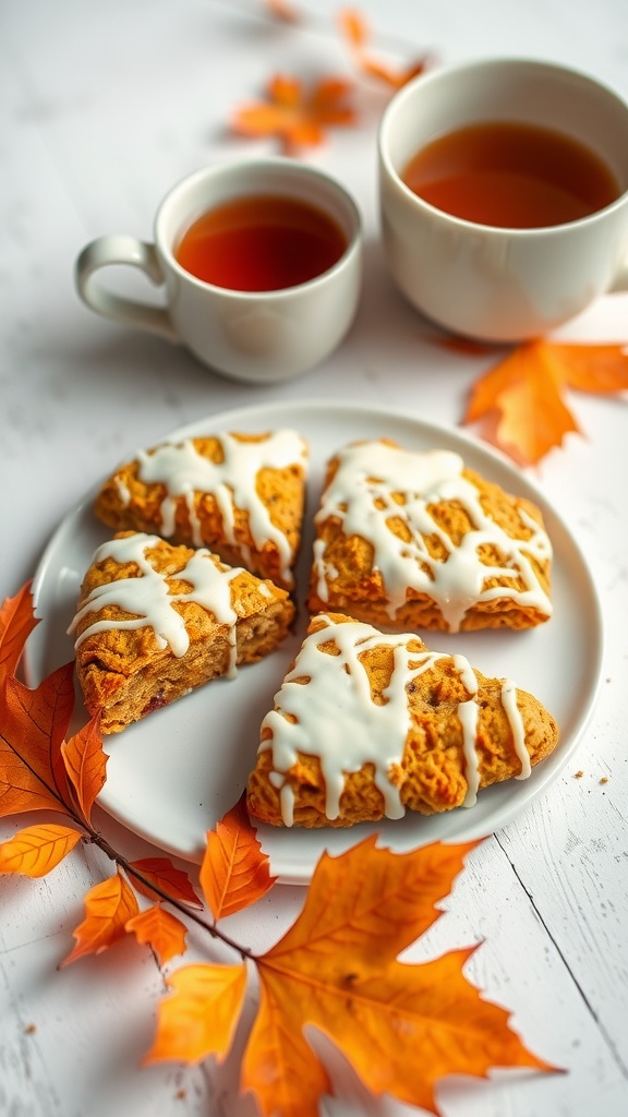 Plate of pumpkin scones drizzled with cream cheese glaze, accompanied by cups of tea.