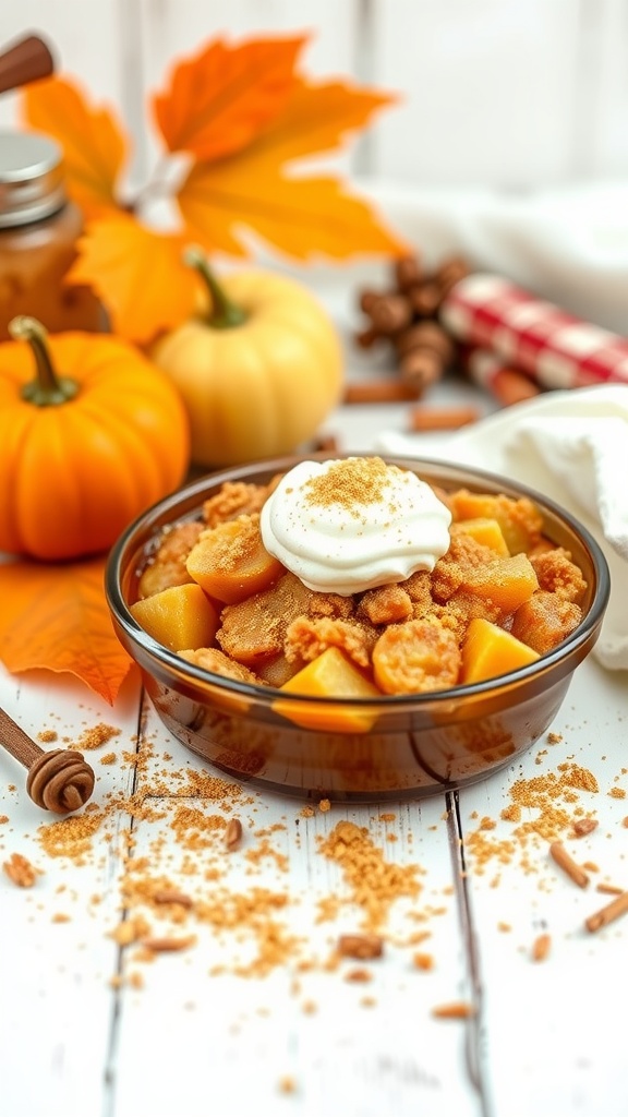 A warm bowl of pumpkin spice apple cobbler topped with whipped cream, surrounded by fall decorations.