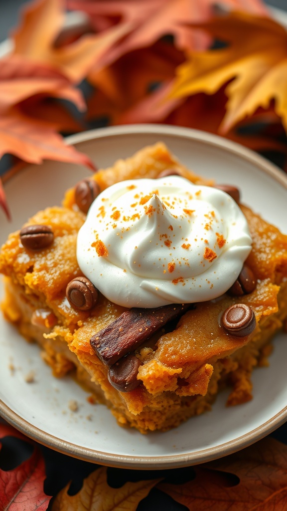 Delicious pumpkin spice bread pudding topped with whipped cream and garnished with cinnamon and coffee beans.
