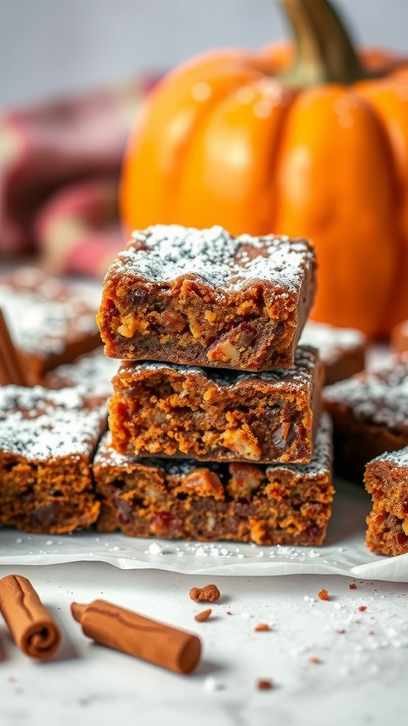 Delicious pumpkin spice brownies stacked with a pumpkin in the background
