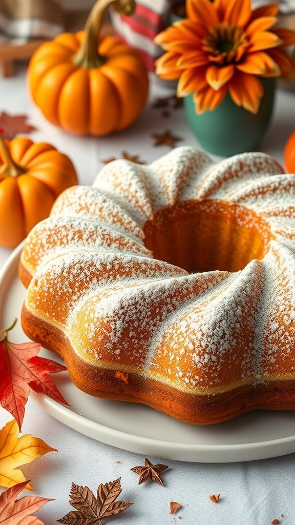 A beautifully baked Pumpkin Spice Bundt Cake, showcasing its intricate design and dusted with powdered sugar.