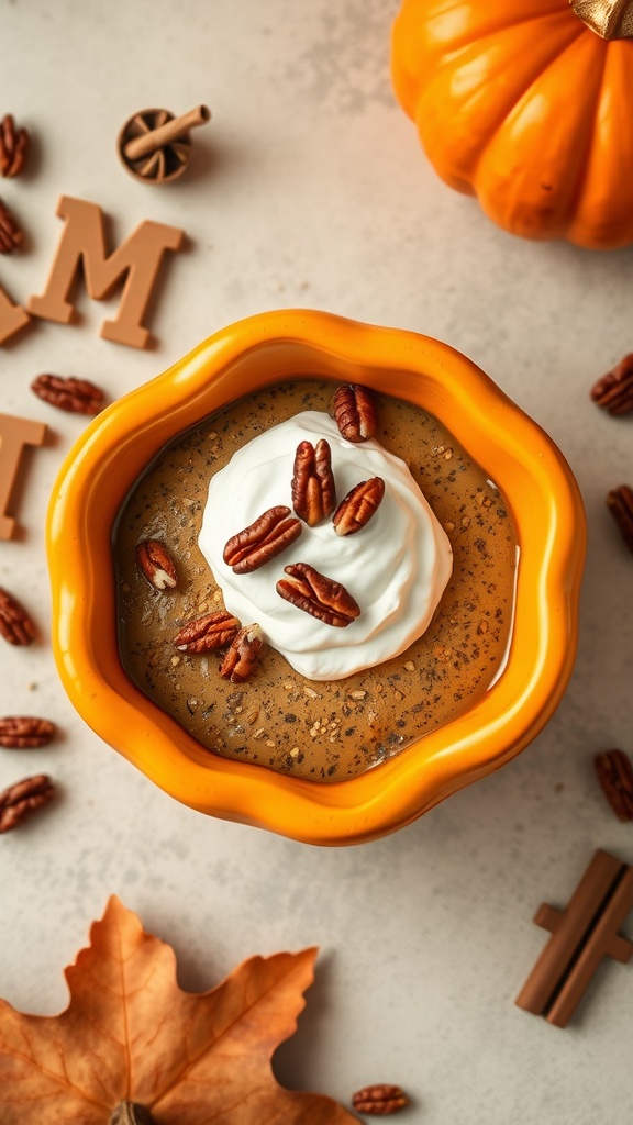 A bowl of pumpkin spice chia pudding topped with whipped cream and pecans.