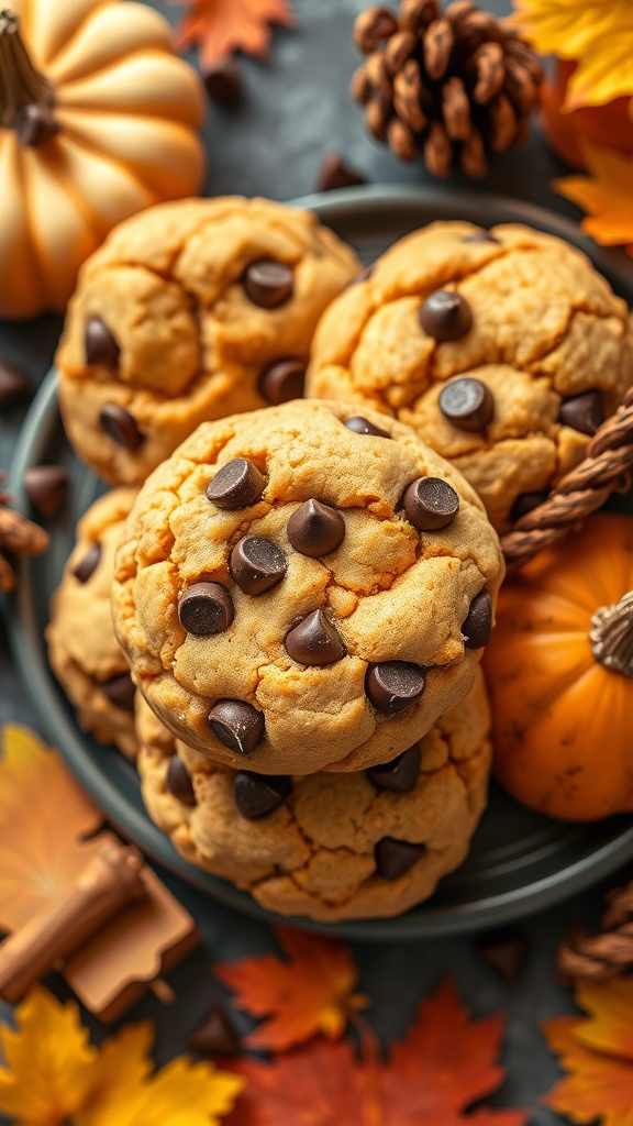Pumpkin Spice Chocolate Chip Cookies surrounded by autumn leaves