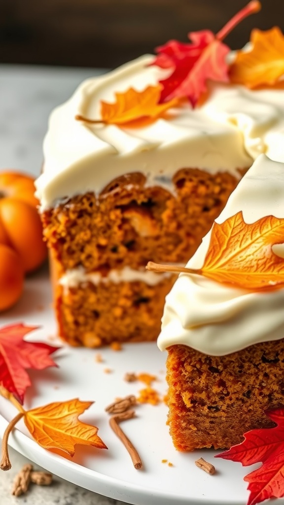A delicious pumpkin spice coffee cake topped with a creamy glaze and autumn leaves.