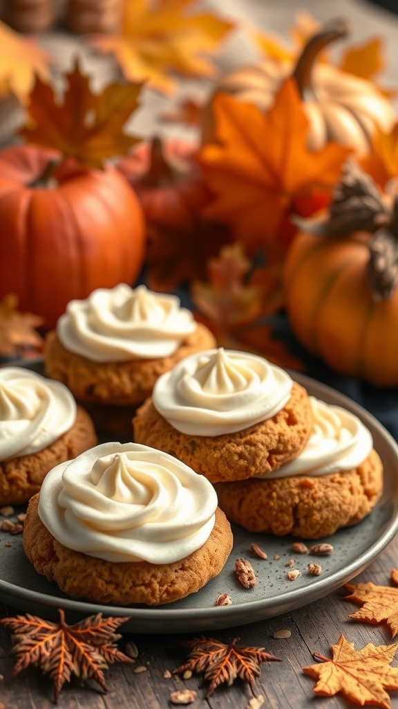 Plate of pumpkin spice cookies with cream cheese frosting surrounded by autumn leaves and pumpkins.