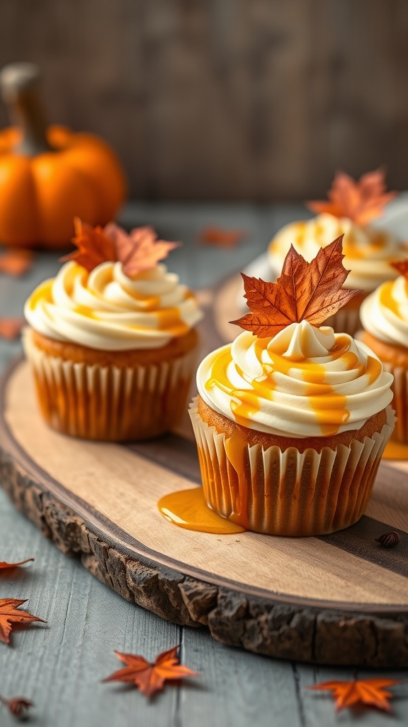 Pumpkin spice cupcakes topped with maple drizzle and autumn leaves.