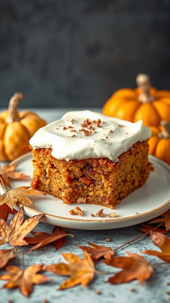 A slice of pumpkin spice dream cake topped with whipped cream, surrounded by autumn leaves and small pumpkins.