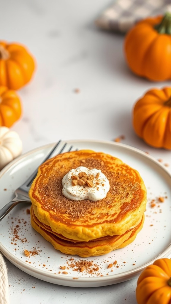A plate of fluffy pumpkin spice Dutch baby pancakes topped with whipped cream and spices.