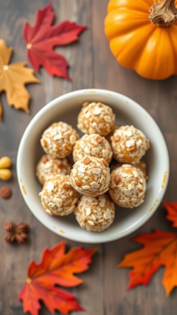 A bowl of pumpkin spice energy bites with seasonal decorations.