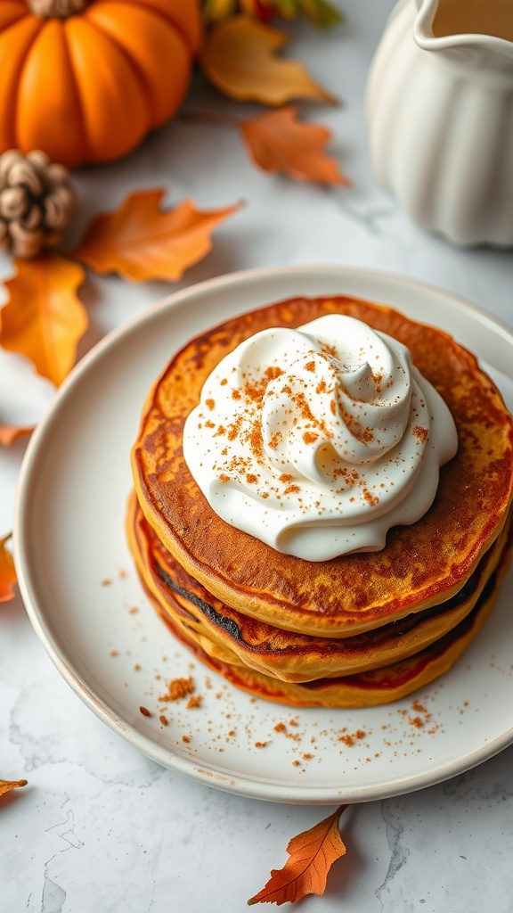 Fluffy pumpkin spice German pancakes topped with whipped cream and cinnamon.