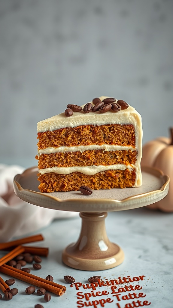 Slice of Pumpkin Spice Latte Cake on a cake stand with coffee beans and cinnamon sticks