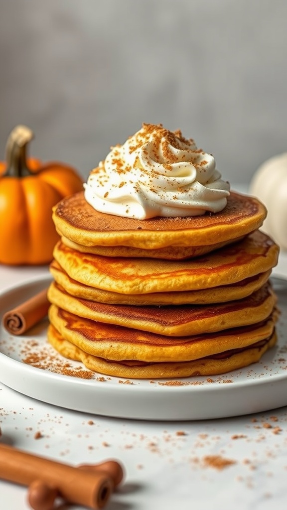 Delicious stack of fluffy pumpkin spice pancakes topped with whipped cream and cinnamon.