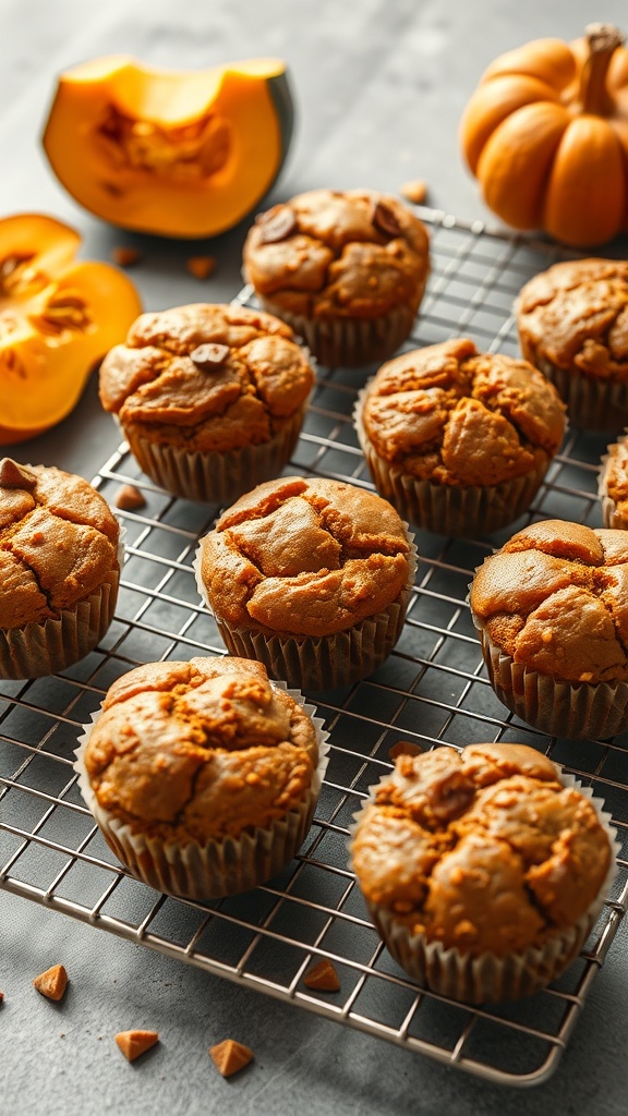 Delicious pumpkin spice protein muffins on a cooling rack.