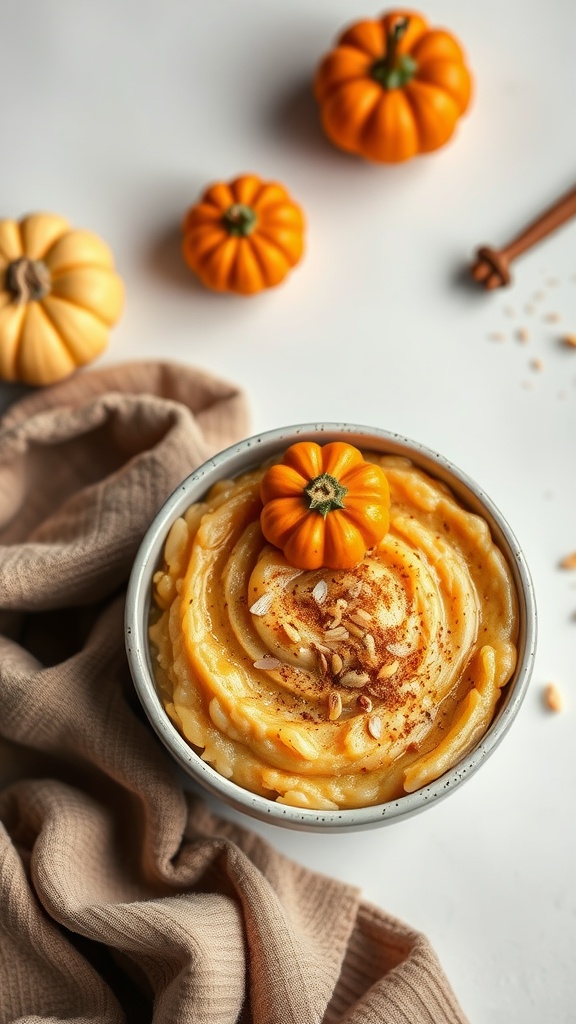 A bowl of creamy pumpkin spice rice pudding topped with a small pumpkin and nuts, surrounded by decorative pumpkins.