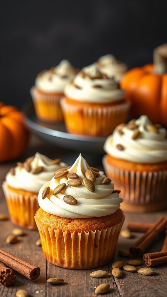 Delicious pumpkin spice vanilla cupcakes topped with cream cheese frosting and pumpkin seeds.