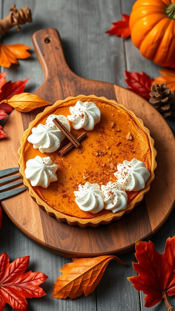 A delicious pumpkin tart topped with whipped cream and cinnamon sticks.