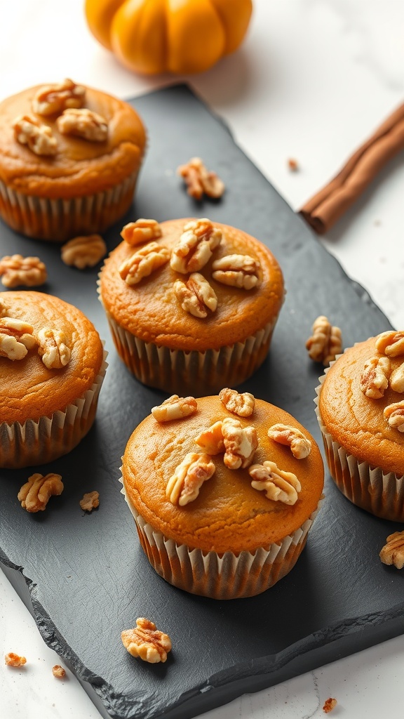 Delicious pumpkin walnut cupcakes topped with walnut pieces on a slate board.
