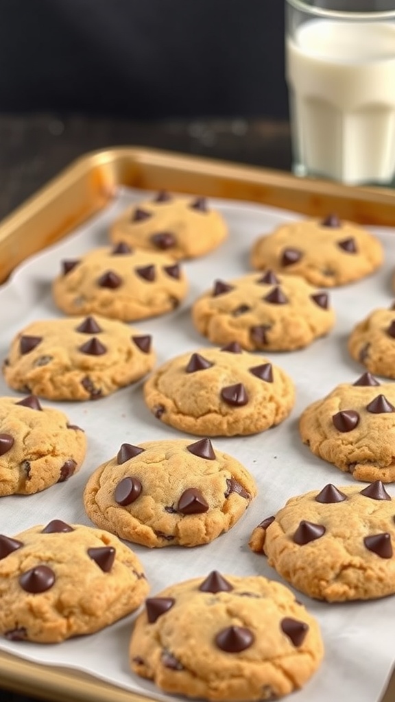 Quinoa chocolate chip cookies on a baking tray with a glass of milk