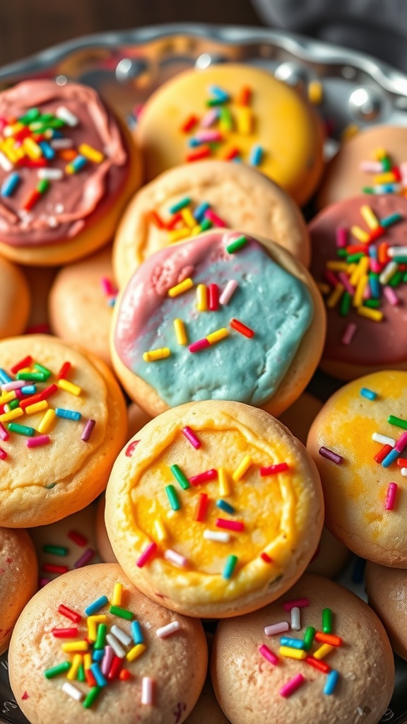 Colorful rainbow sprinkle sugar cookies, perfect for summer.
