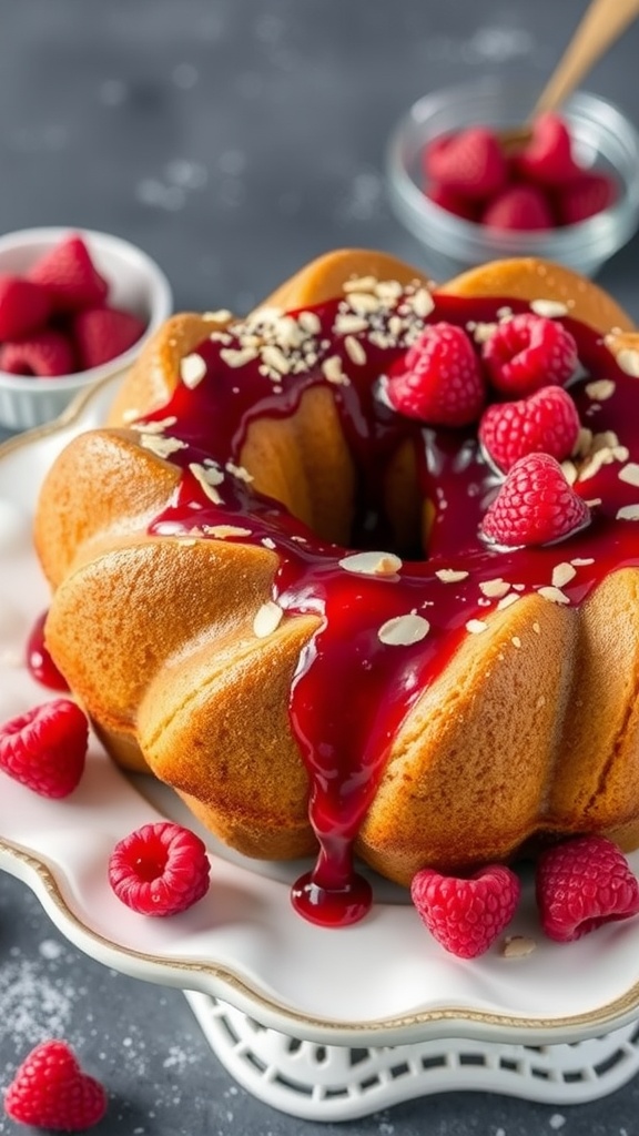 Raspberry Almond Bundt Cake with a raspberry glaze and fresh raspberries on top