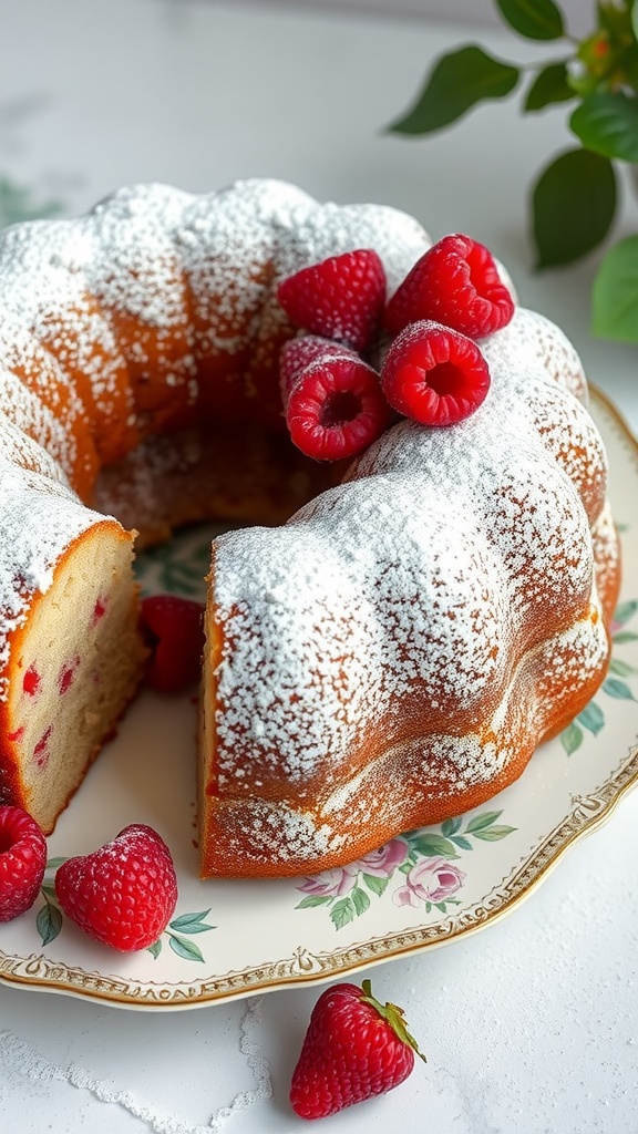 A slice of raspberry almond bundt cake with fresh raspberries on top