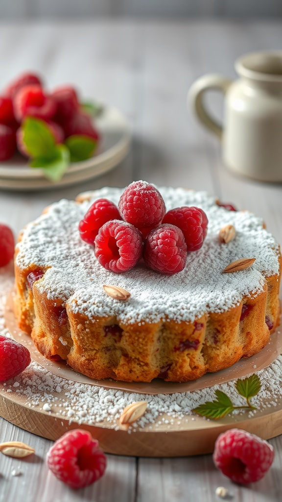 A delicious raspberry almond coffee cake topped with fresh raspberries and powdered sugar.