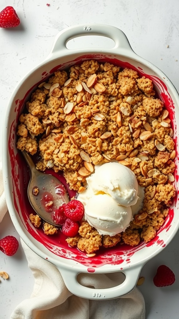 A delicious raspberry almond crumble served with ice cream.