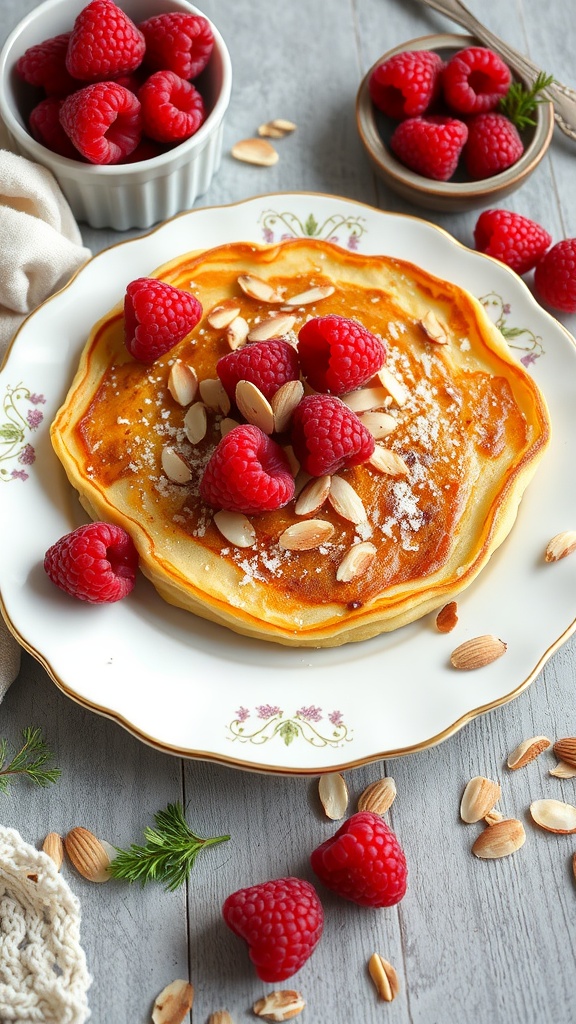 Fluffy raspberry almond German pancake topped with fresh raspberries and almonds.
